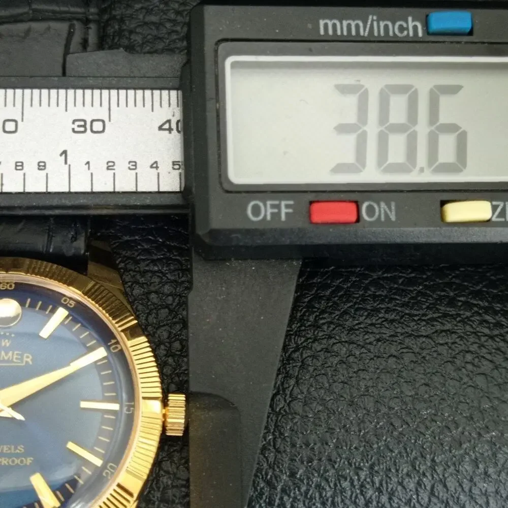 Vintage 1974 Roamer Manual Mens Gold Watch W/Leather Strap & Blue accents
